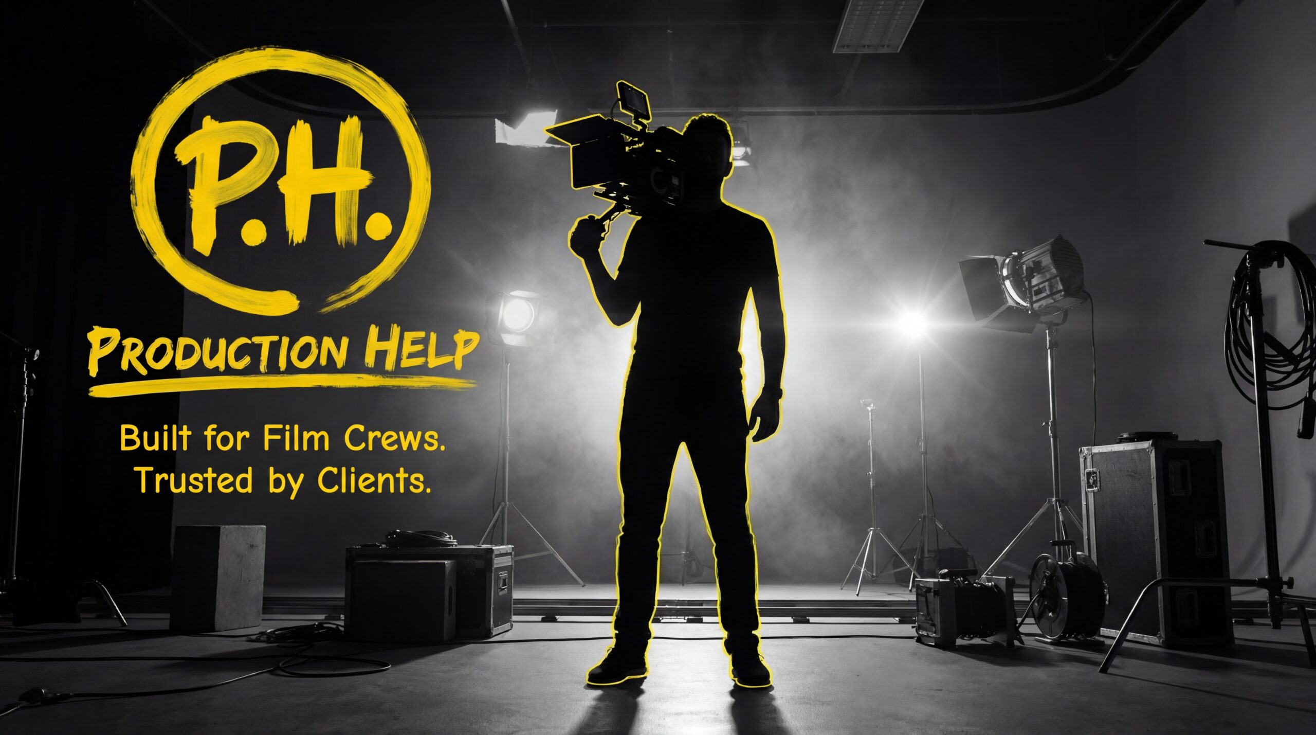 Director of photography silhouette on set with yellow neon outlines