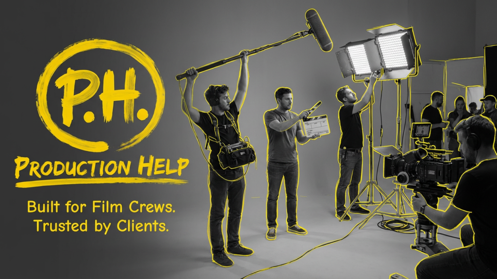B&W film crew with boom, slate, and LED panels outlined in yellow; Production Help brush lockup. Built for Film Crews. Trusted by Clients.
