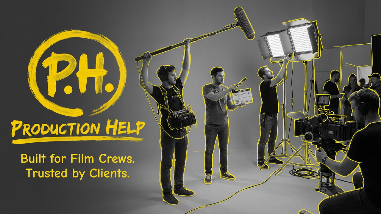 B&W film crew with boom, slate, and LED panels outlined in yellow; Production Help brush lockup. Built for Film Crews. Trusted by Clients.