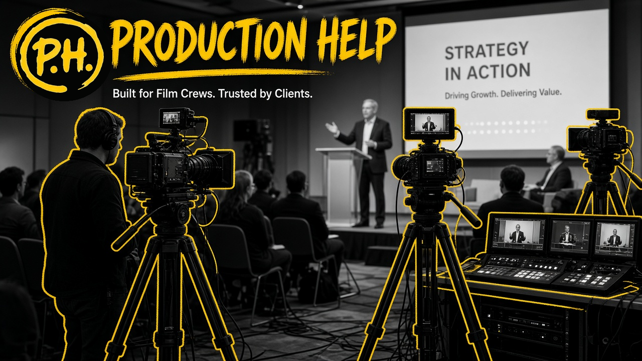 B&W multi-camera corporate event video with yellow hand-drawn outlines; Production Help yellow brush P.H. lockup. Built for Film Crews. Trusted by Clients.