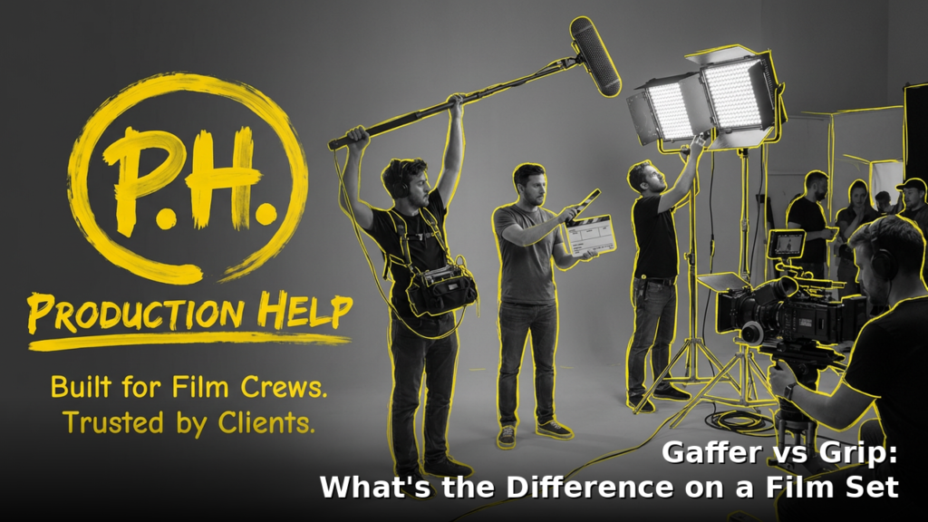 Black-and-white film set with yellow brush outlines on lighting and grip gear, Production Help lockup, and on-image title Gaffer vs Grip: What's the Difference on a Film Set.