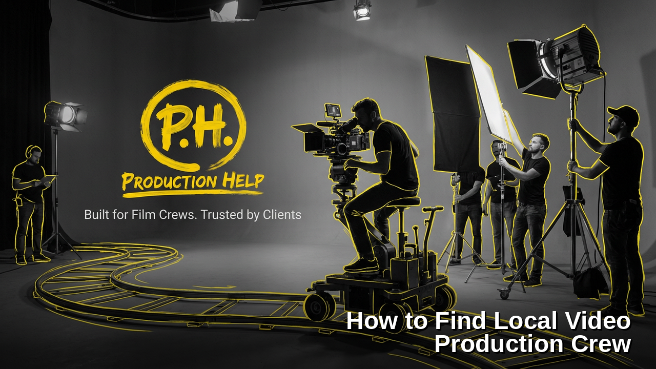 Black-and-white film set with yellow brush outlines on dolly crew and gear, Production Help lockup, and on-image title How to Find Local Video Production Crew.