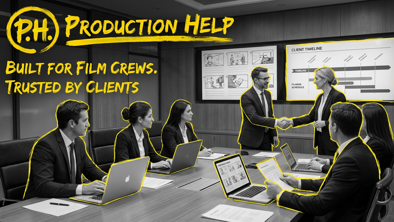 B&W boardroom handshake with team outlined in yellow; Production Help brush lockup. Built for Film Crews. Trusted by Clients.