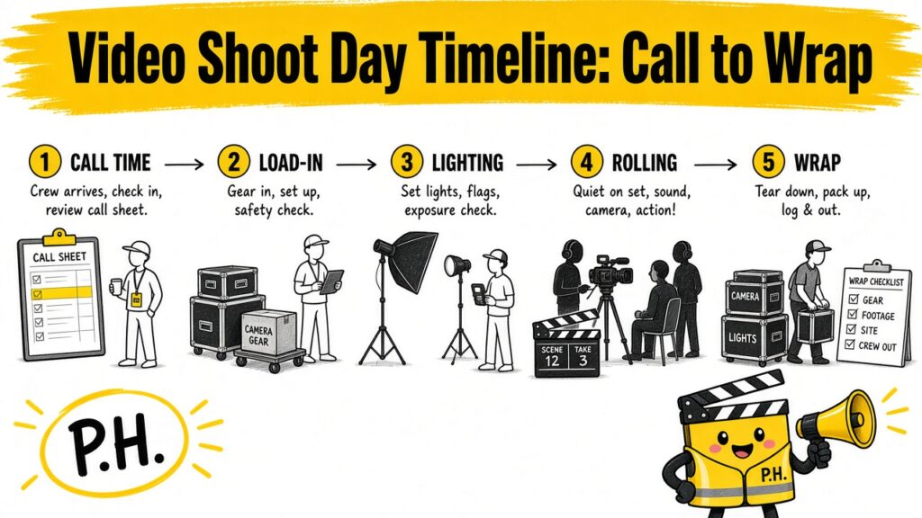Call sheet and camera cases staged for load-in on a video shoot day timeline from call to wrap.