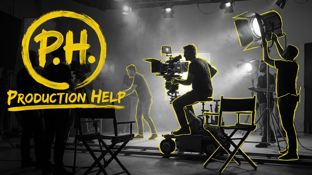 B&W camera on dolly tracks with crew and lights outlined in yellow; Production Help brush lockup. Built for Film Crews. Trusted by Clients.