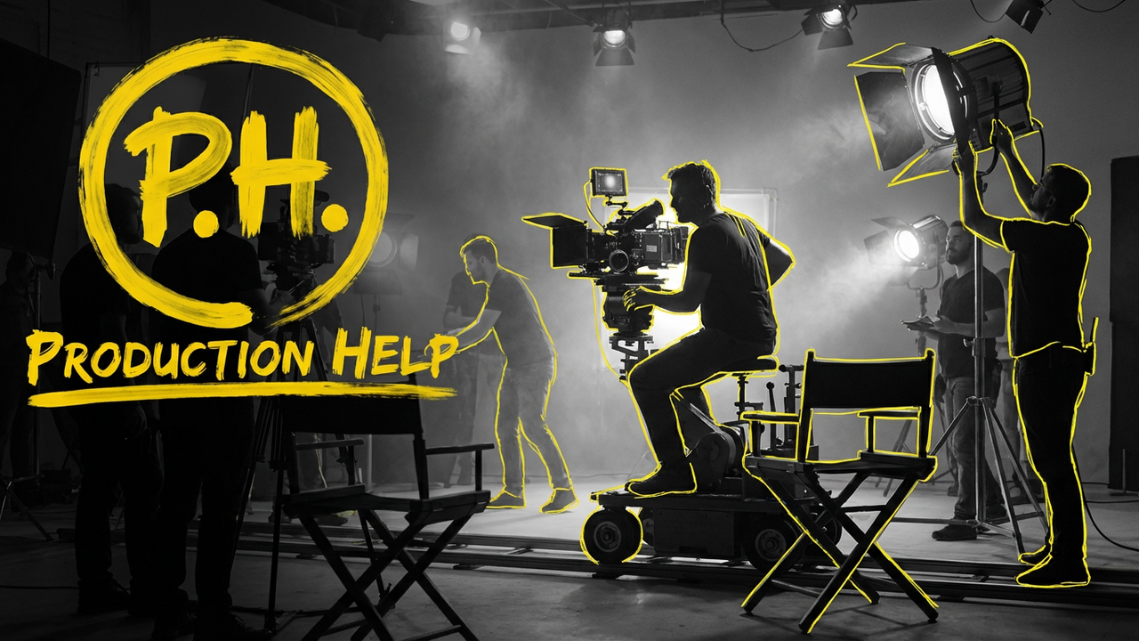 B&W camera on dolly tracks with crew and lights outlined in yellow; Production Help brush lockup. Built for Film Crews. Trusted by Clients.