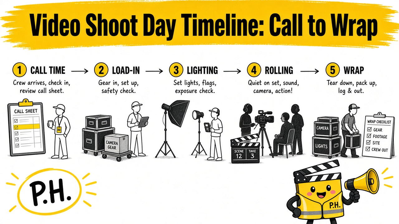Call sheet and camera cases staged for load-in on a video shoot day timeline from call to wrap.