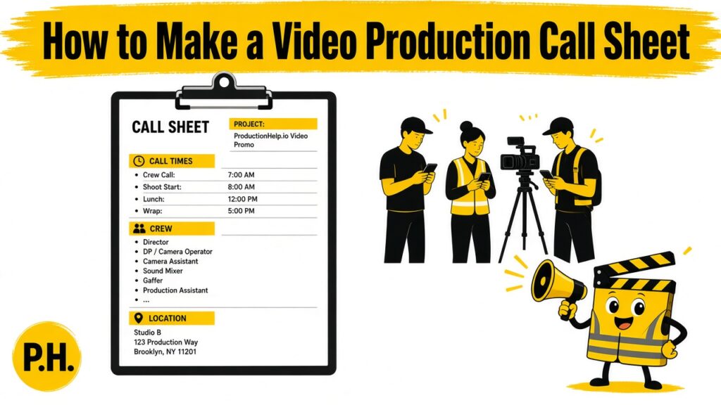 Call sheet clipboard with crew call times and contacts for a video production day.