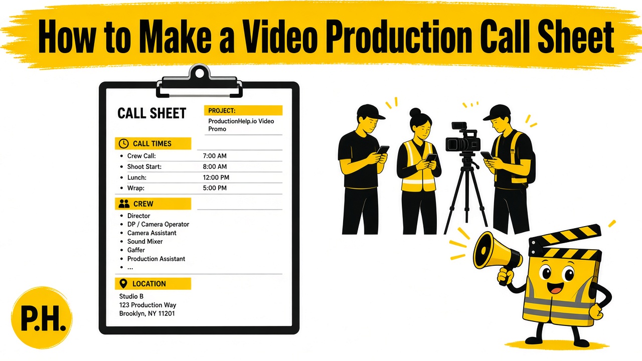 Call sheet clipboard with crew call times and contacts for a video production day.