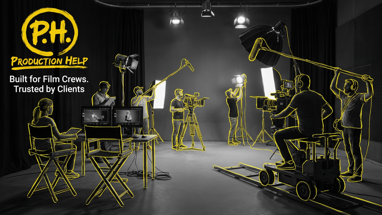 B&W video village with monitors and crew outlined in yellow; Production Help brush lockup. Built for Film Crews. Trusted by Clients.