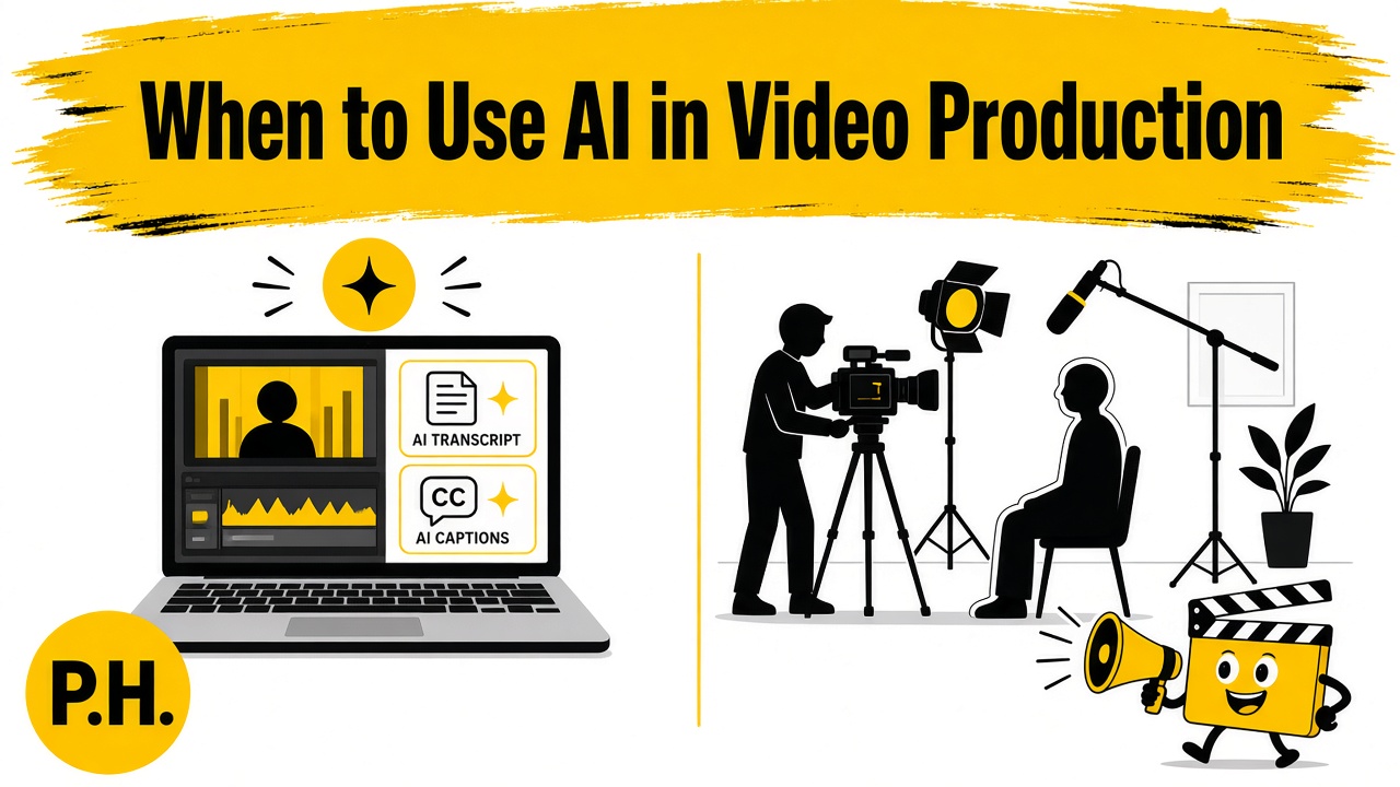 Split scene of AI assist tools on a laptop beside a live interview crew on set.