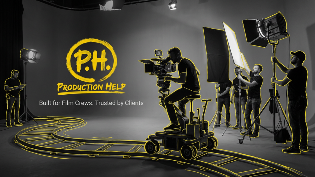 B&W studio crew on dolly tracks with lights outlined in yellow; Production Help brush lockup. Built for Film Crews. Trusted by Clients.