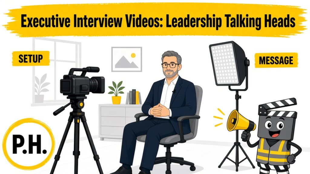 Illustrated ProductionHelp guide for planning executive interview and leadership talking-head videos.