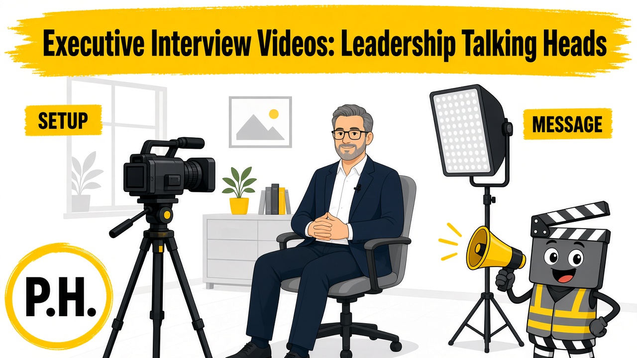 Illustrated ProductionHelp guide for planning executive interview and leadership talking-head videos.