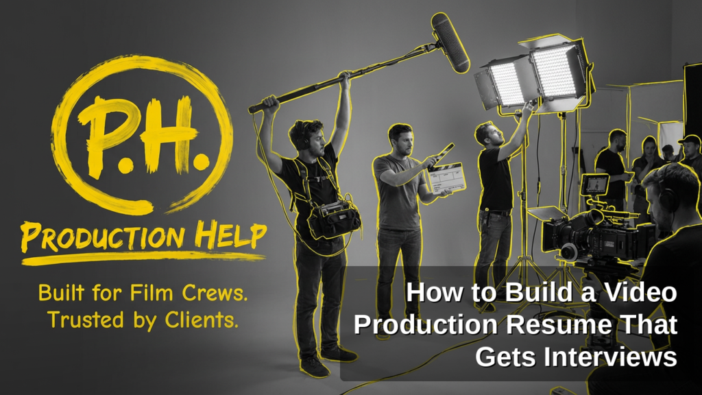 Black-and-white film set with yellow brush outlines on boom operator, slate, LED lights and camera crew, Production Help lockup, and on-image title How to Build a Video Production Resume That Gets Interviews.