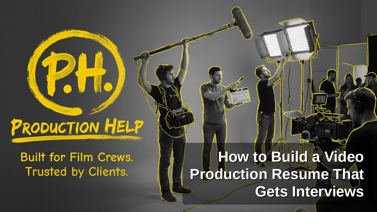 Black-and-white film set with yellow brush outlines on boom operator, slate, LED lights and camera crew, Production Help lockup, and on-image title How to Build a Video Production Resume That Gets Interviews.