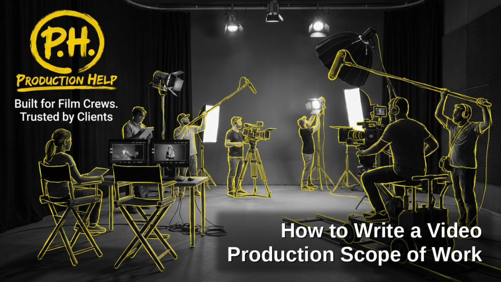 Black and white film crew reviewing call sheets and shot notes on set, yellow hand-drawn outlines on crew and gear, Production Help brush lockup, and the title How to Write a Video Production Scope of Work.