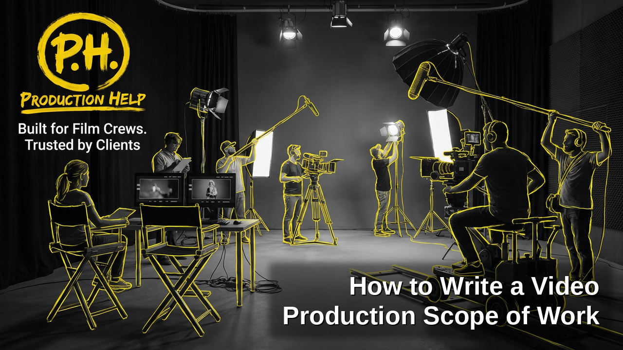 Black and white film crew reviewing call sheets and shot notes on set, yellow hand-drawn outlines on crew and gear, Production Help brush lockup, and the title How to Write a Video Production Scope of Work.