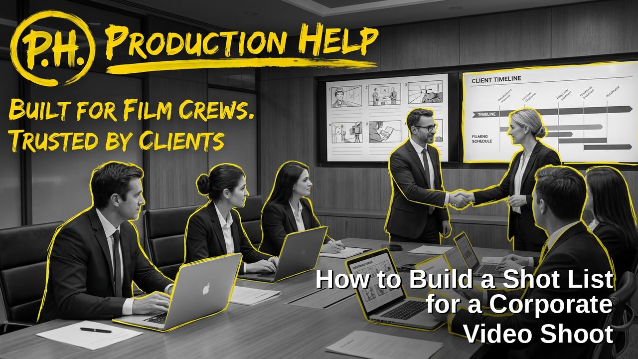 Black and white film crew reviewing a shot list beside camera kit on a corporate set, yellow hand-drawn outlines on crew and gear, Production Help brush lockup, and the title How to Build a Shot List for a Corporate Video Shoot.