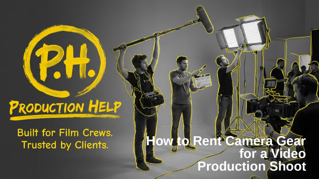 Black and white film crew checking out a camera body and lenses at a rental counter, yellow hand-drawn outlines on crew and gear cases, Production Help brush lockup, and the title How to Rent Camera Gear for a Video Production Shoot.