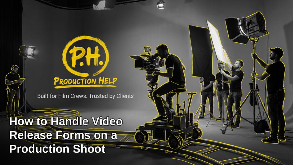 Black and white film crew on a studio set with camera dolly and lights, yellow hand-drawn outlines on crew and gear, Production Help brush lockup, and the title How to Handle Video Release Forms on a Production Shoot.