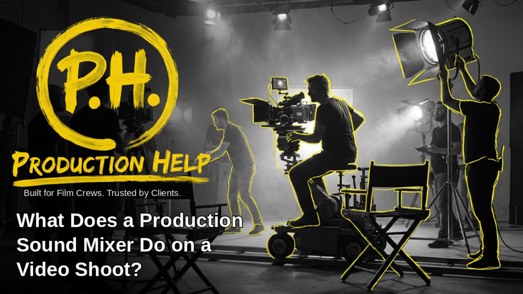 Black and white film set with a camera operator on a dolly and crew rigging lights in haze, yellow hand-drawn outlines on crew and gear, Production Help brush lockup, and the title What Does a Production Sound Mixer Do on a Video Shoot?