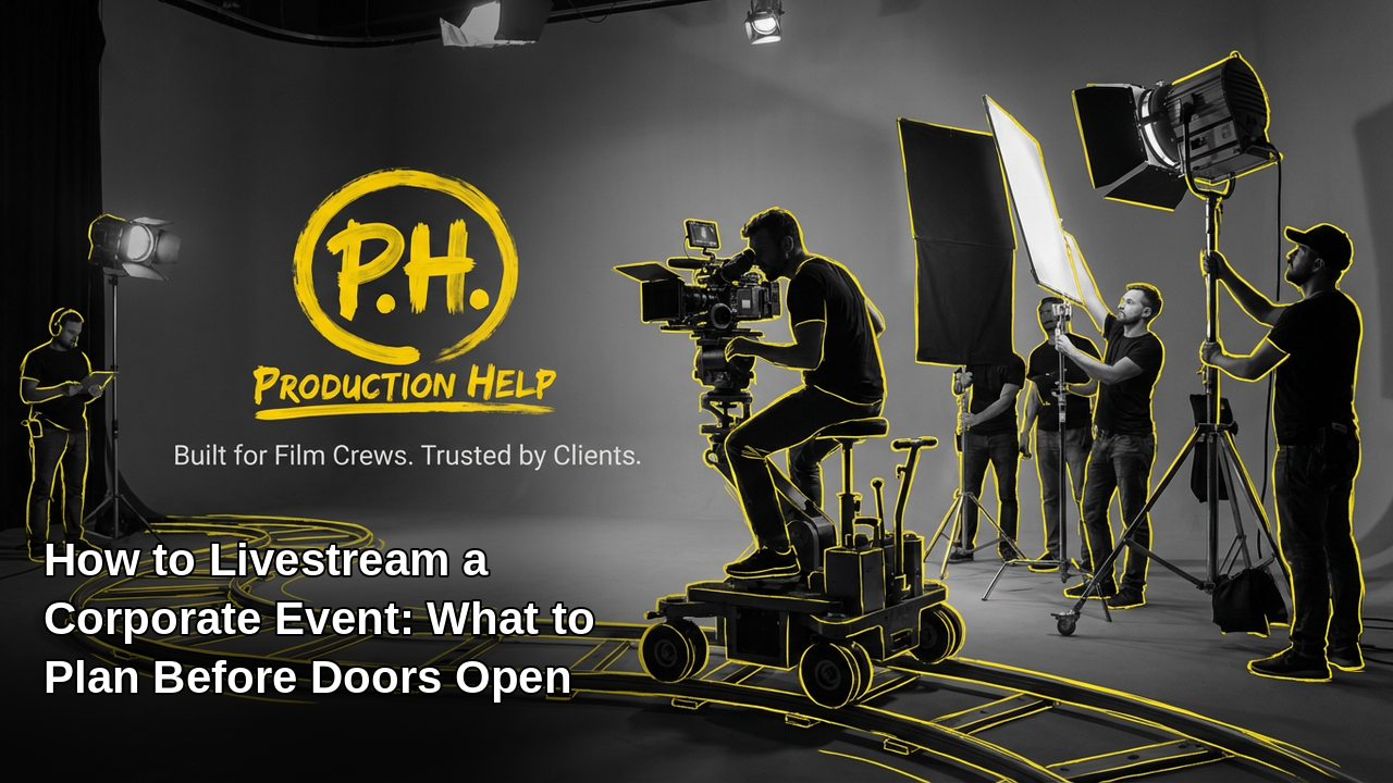 Black and white studio set with a camera operator on a dolly track and crew rigging lights, yellow hand-drawn outlines on crew and gear, Production Help brush lockup, and the title How to Livestream a Corporate Event: What to Plan Before Doors Open