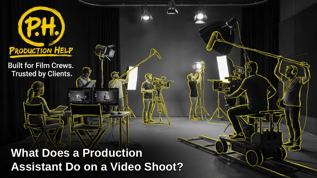 Black and white studio set with crew at a video village monitor table, a camera on a dolly, boom operators and lighting stands, yellow hand-drawn outlines on crew and gear, Production Help brush lockup, and the title What Does a Production Assistant Do on a Video Shoot?