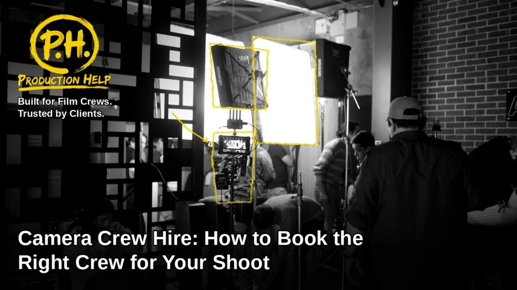 Camera Crew Hire: How to Book the Right Crew for Your Shoot title over a black and white photo of a film crew setting up a camera rig, monitor and two soft lights on an indoor set, with yellow hand-drawn outlines and the Production Help logo