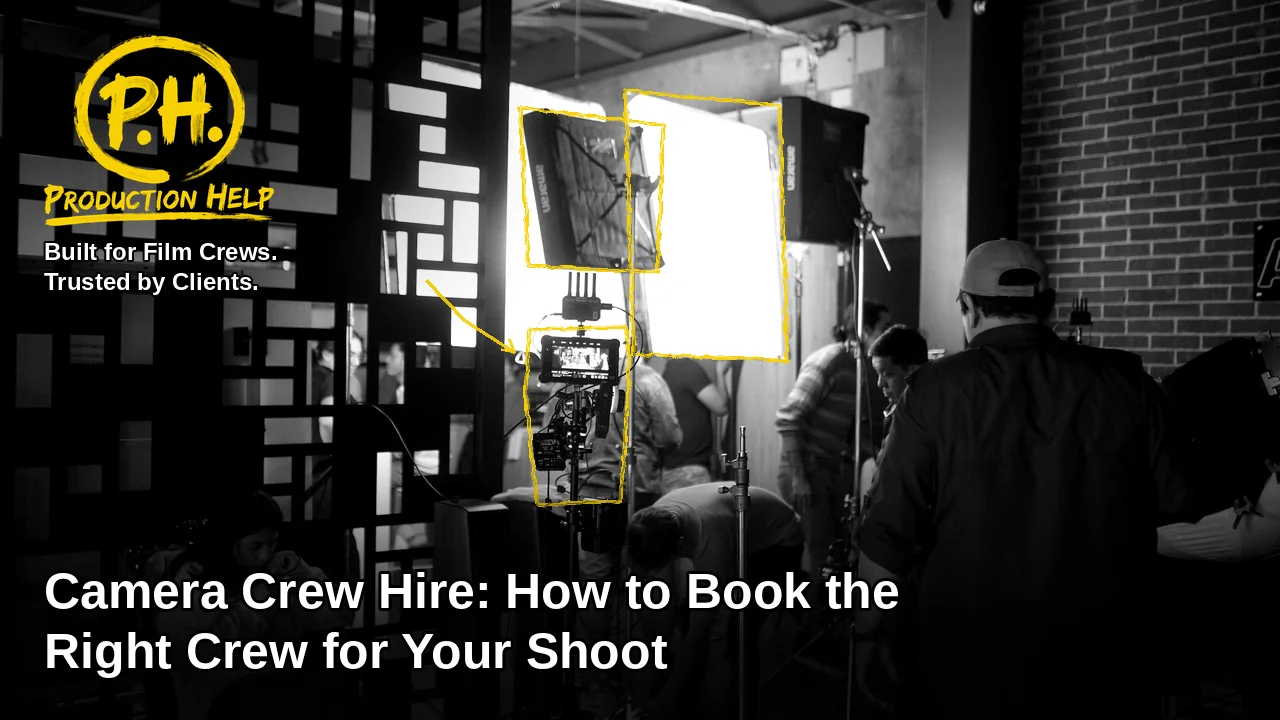 Camera Crew Hire: How to Book the Right Crew for Your Shoot title over a black and white photo of a film crew setting up a camera rig, monitor and two soft lights on an indoor set, with yellow hand-drawn outlines and the Production Help logo