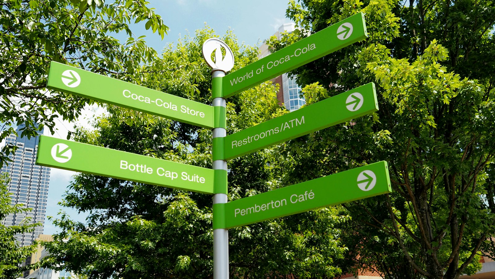 Green wayfinding signs at Centennial Olympic Park in downtown Atlanta