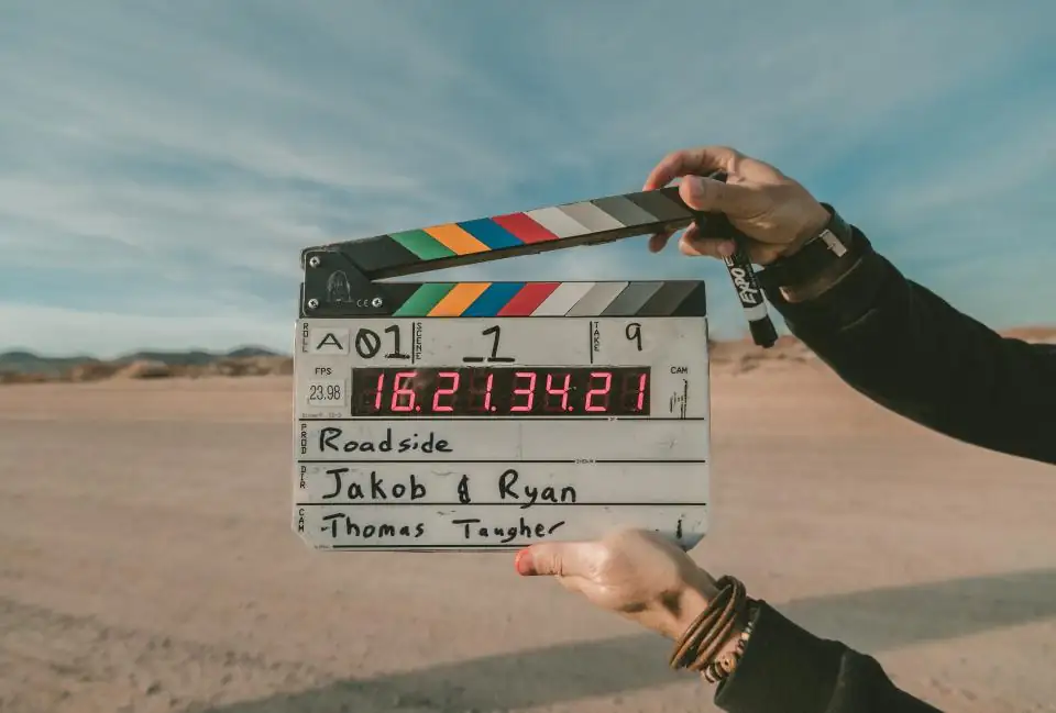 Clapperboard held up outdoors before a take