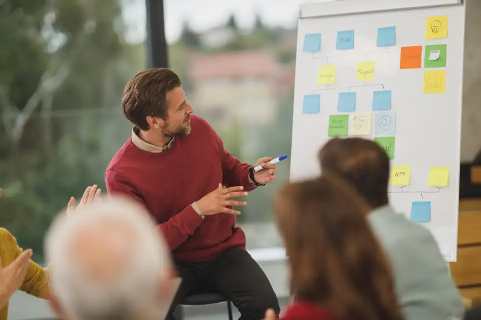 Presenter leading a workshop in front of a planning board