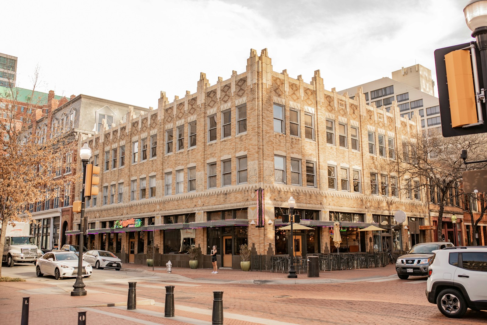 A street lined with historic buildings in downtown Fort Worth