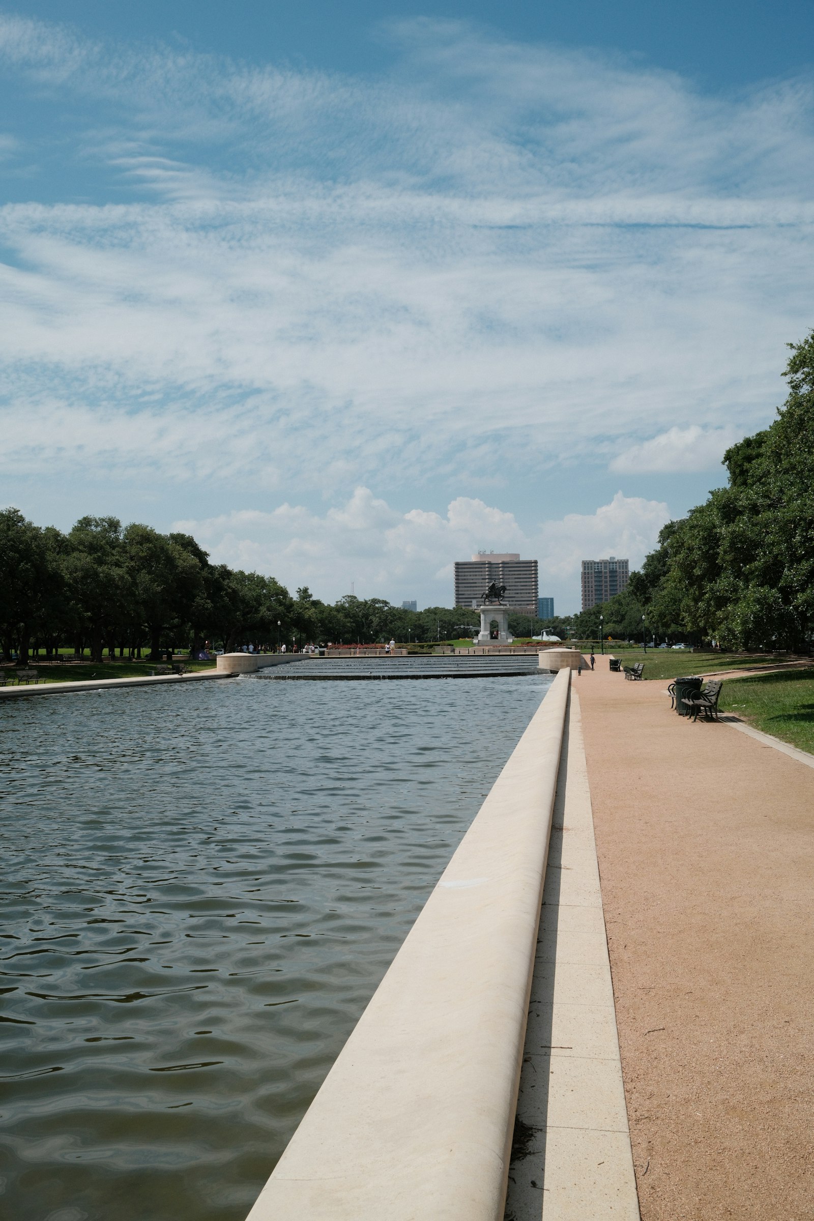 The long reflection pool at Hermann Park in Houston