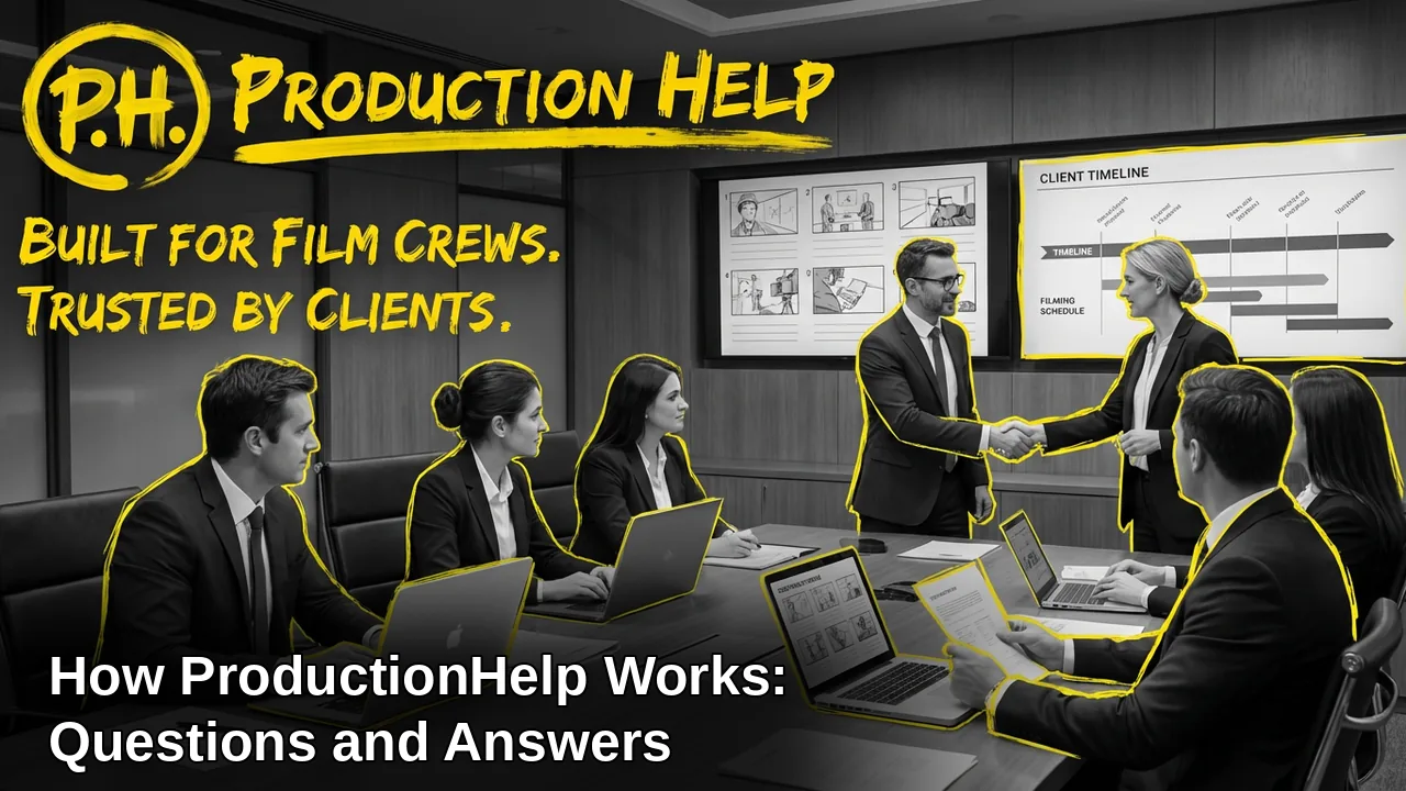 How ProductionHelp Works: Questions and Answers title over a black and white production planning meeting with a handshake outlined in yellow