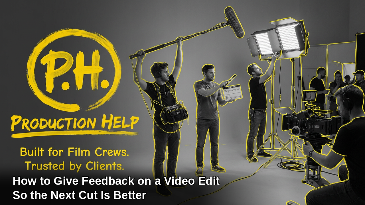 Black and white film set with a boom operator, a crew member holding a slate, a lighting tech adjusting an LED panel and a camera operator, yellow hand-drawn outlines on crew and gear, Production Help brush lockup, and the title How to Give Feedback on a Video Edit So the Next Cut Is Better