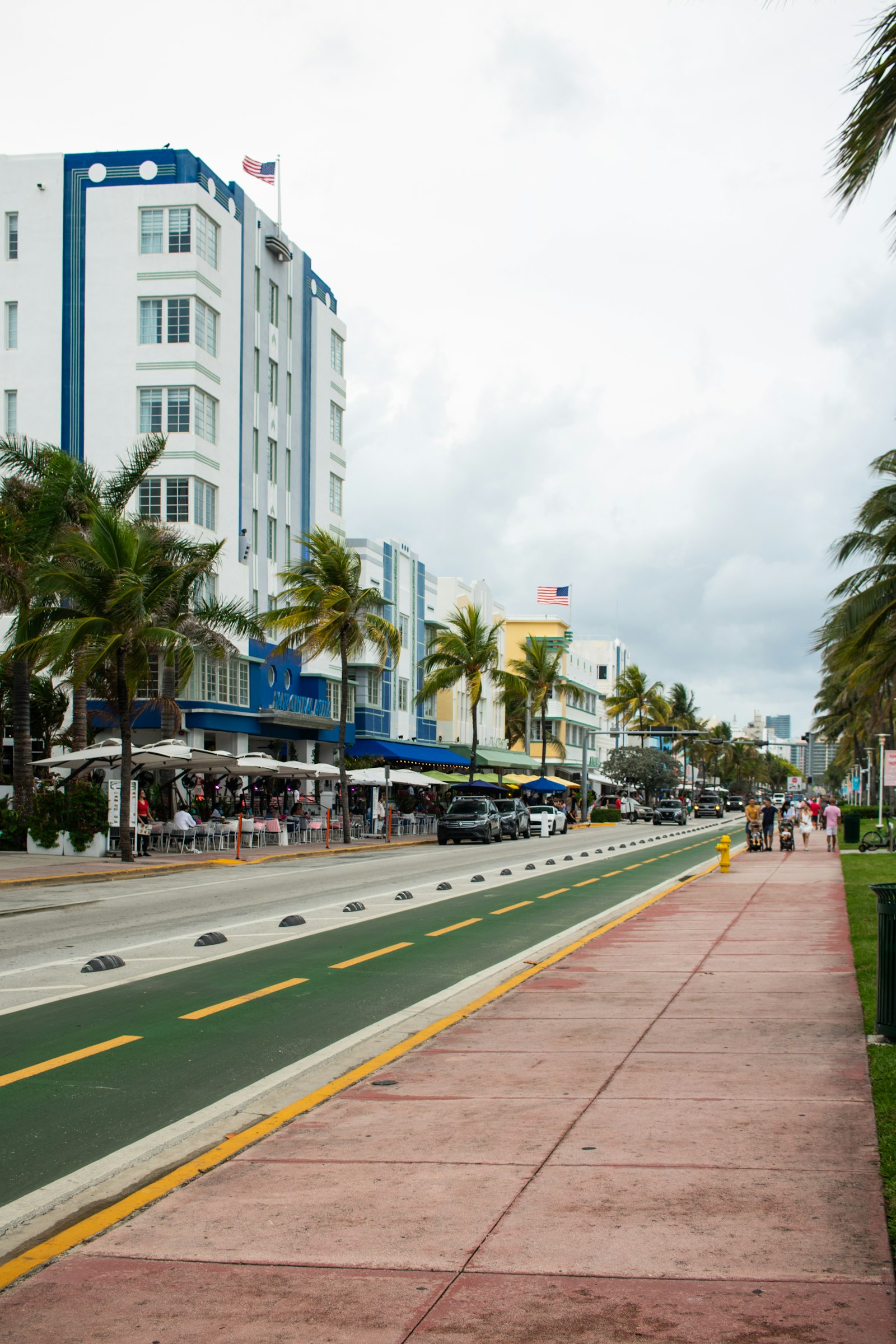 Ocean Drive in Miami Beach lined with palm trees and buildings