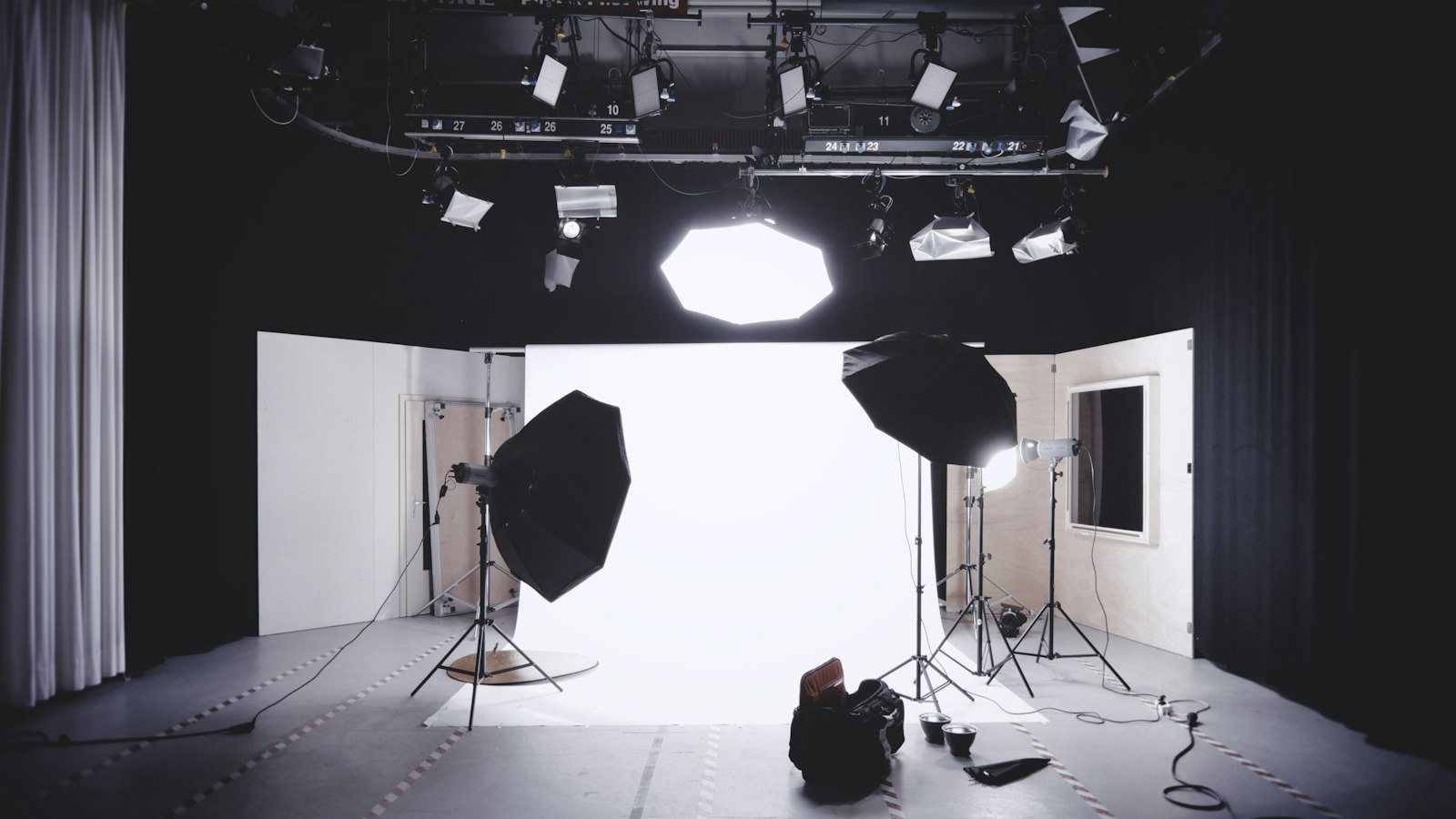 Lights and backdrop set up in a studio space