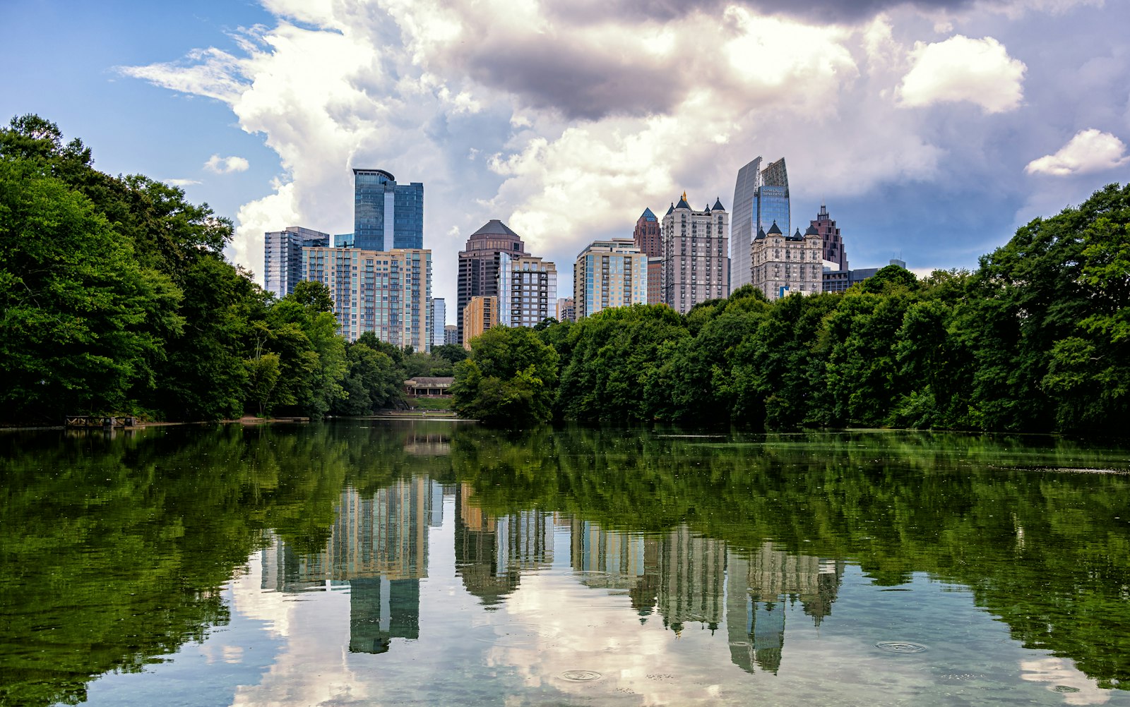 The Atlanta skyline reflected in Lake Clara Meer at Piedmont Park